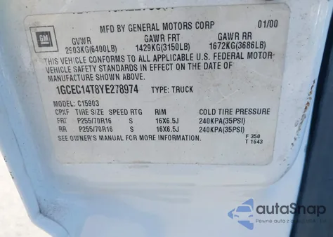 2000 Chevrolet Silverado 1500 из США, поврежденный, VIN 1GCEC14T8YE278974